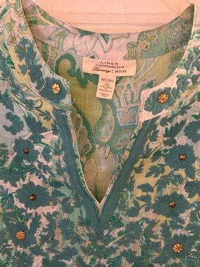 Charter Club Petite Linen Floral Embroidered Tunic in Teal and Light Green